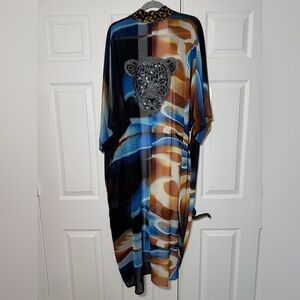 Embellished Animal Motif Kimono Caftan in Blue, Black & Brown